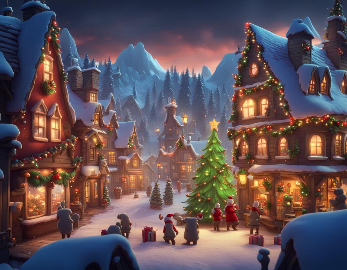 Cartoon Christmas Town with Fantasy Creatures