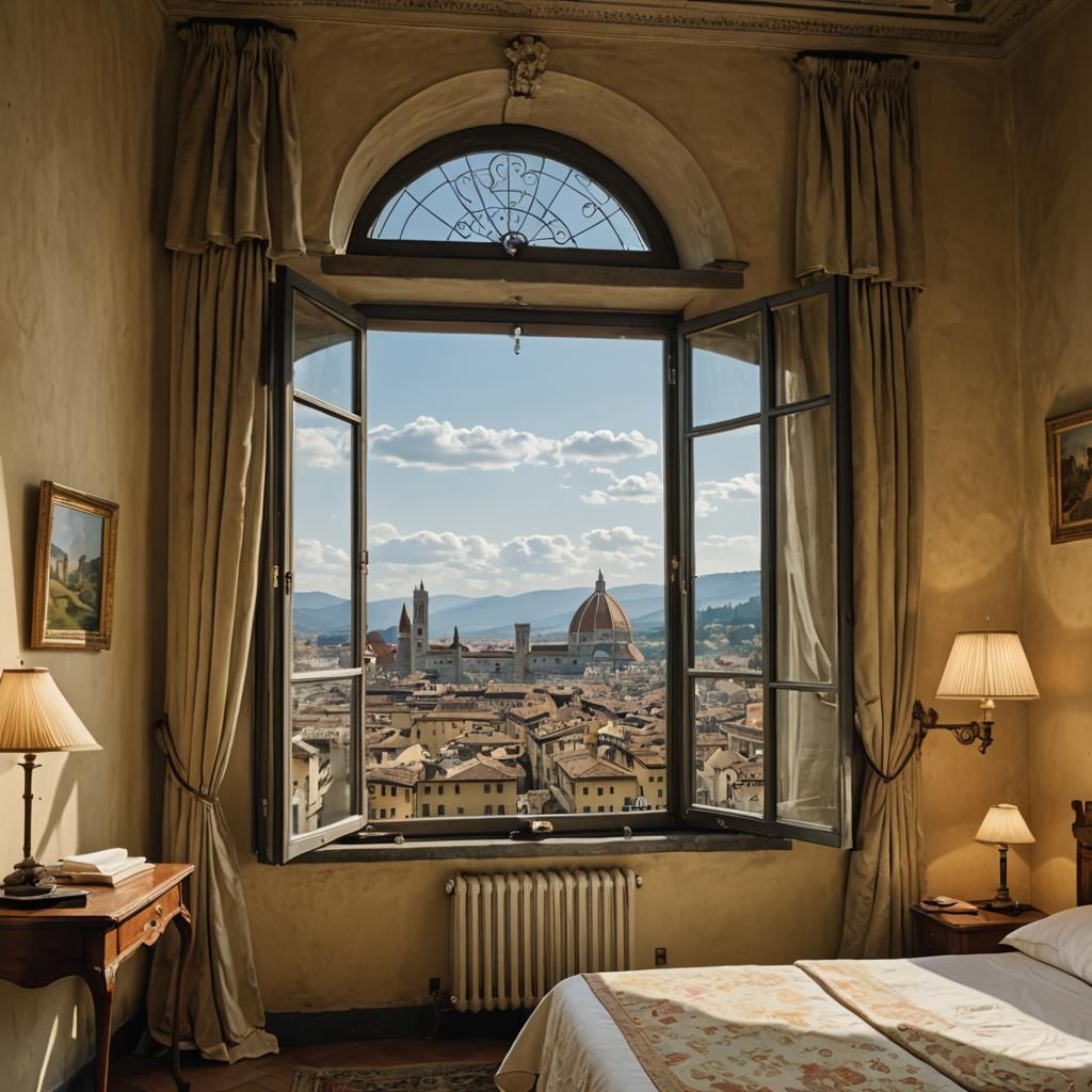 Vintage Hotel Room with Arno River View