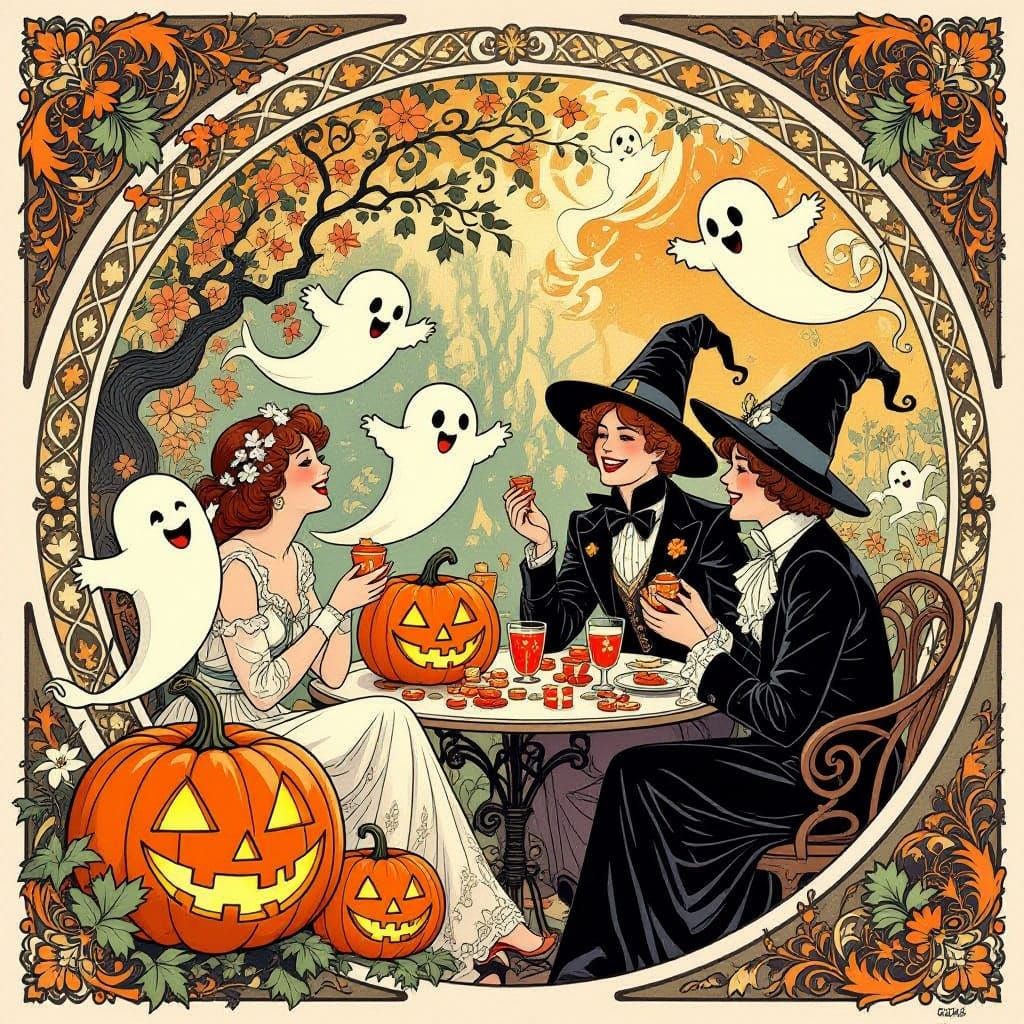 Art Nouveau Halloween Party with Ornate Floral Motifs