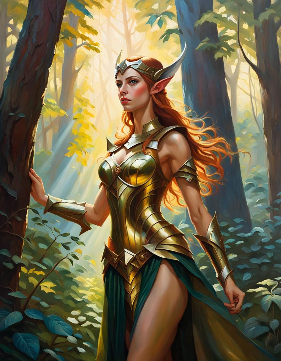 Elf Woman in Forest: Oil Painting in Waterhouse Style