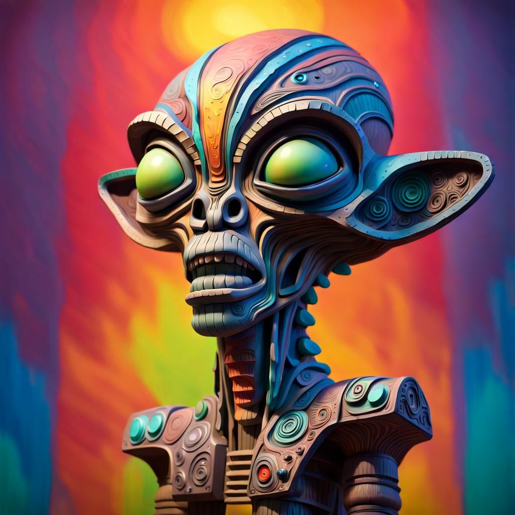 Hyperrealistic Alien Totem Pole Made from Trash