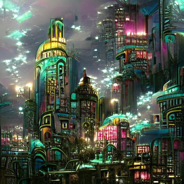 Decopunk Cityscape at Night: Detailed Concept Art