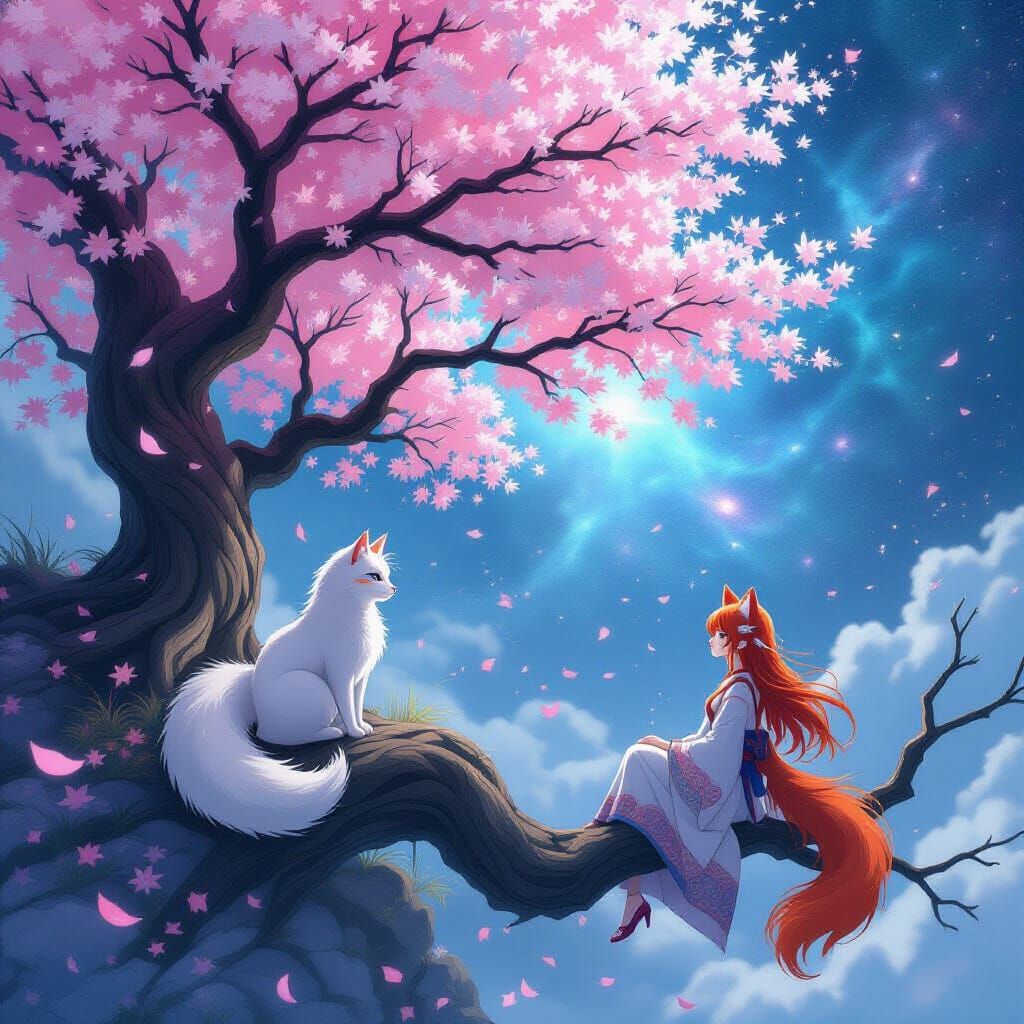 Sakura Tree in Cosmic Nebula with Kitsune Spirit