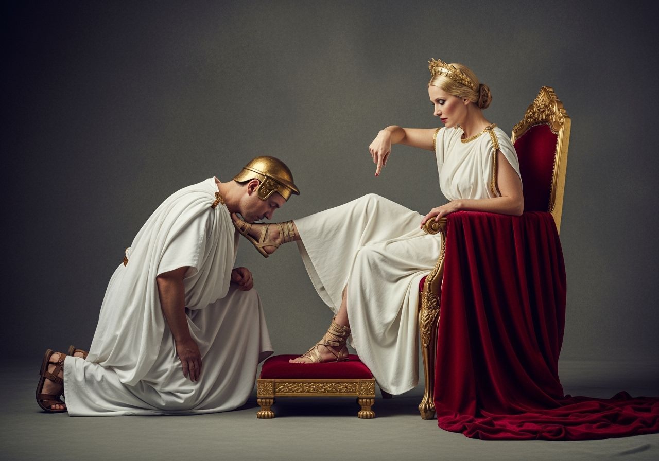 Empress's Contempt: Senator Kneels in Dramatic Studio Portra...