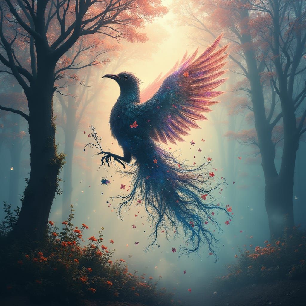 Fantasy Bird in Mist with Fractal Flowers