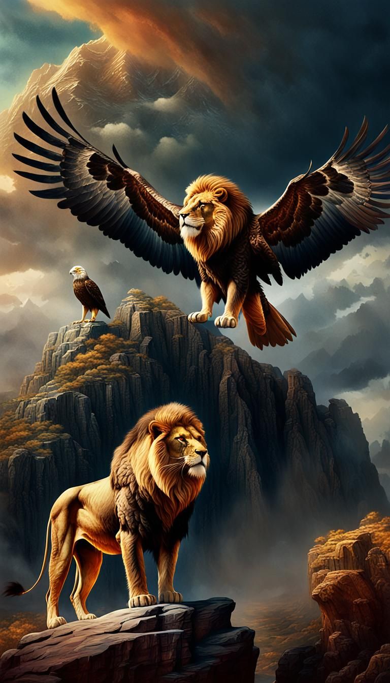Lion and Eagle Face-Off in Rocky Terrain