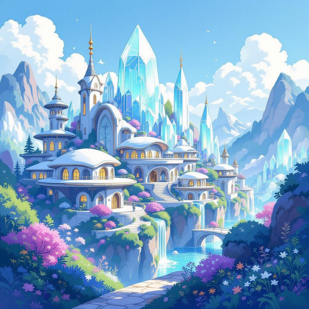 Crystalline Mountain Settlement in Watercolor Style