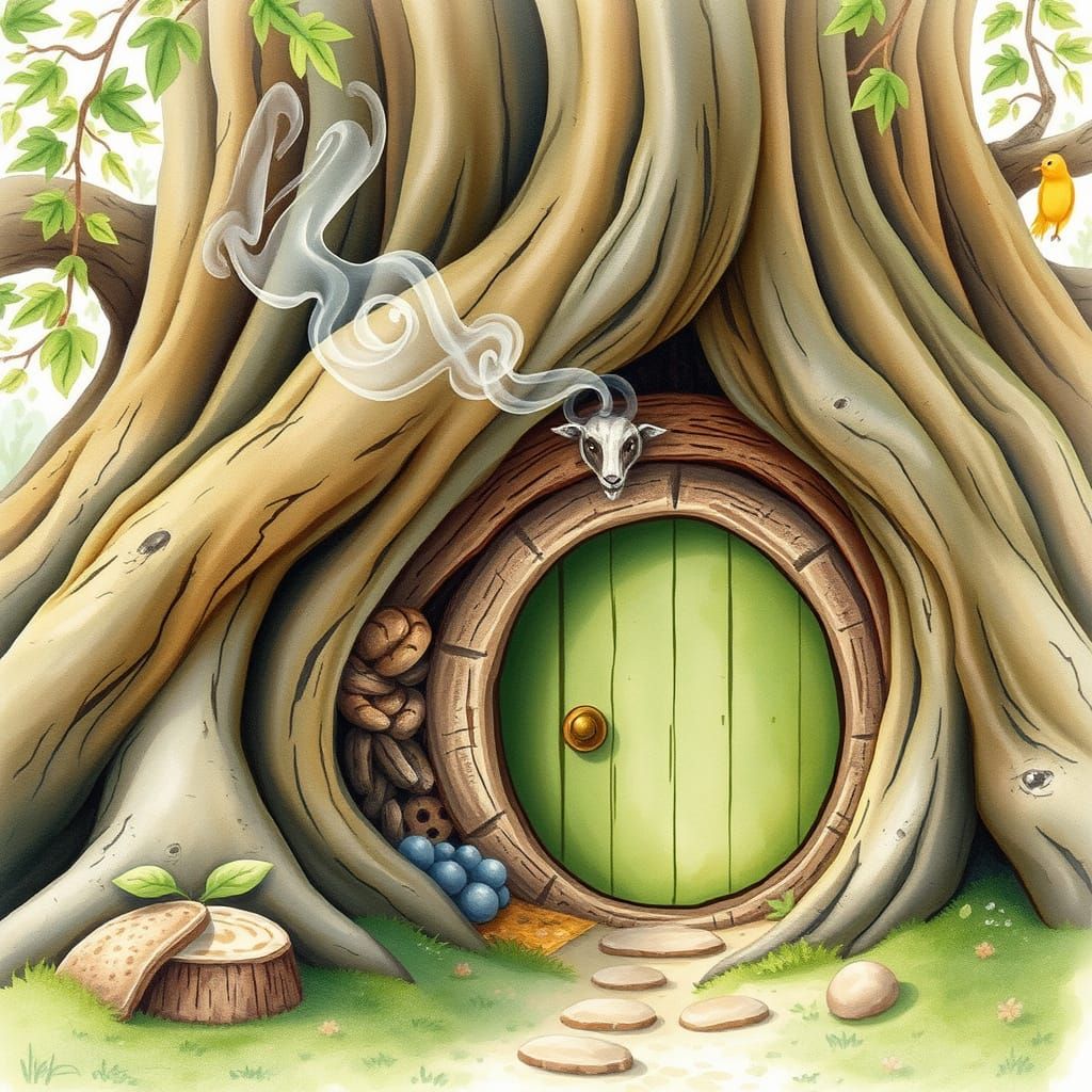 A cozy hobbit hole nestled within the roots of an ancient oa...