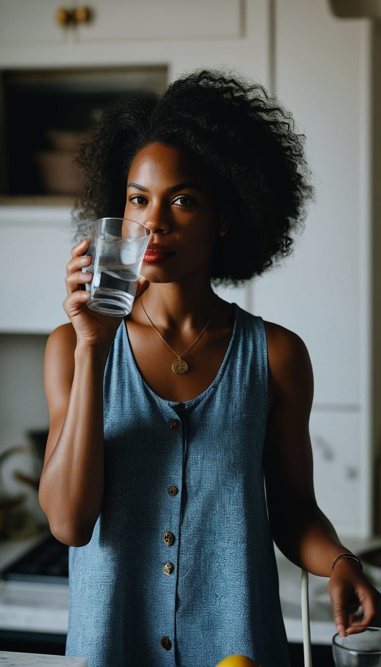 Sultry Domestic Moment with Earthy Tones in Warm Lighting