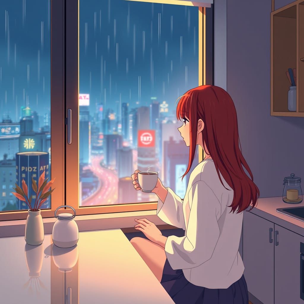 Serene Japanese Woman in Rainy Night Cityscape