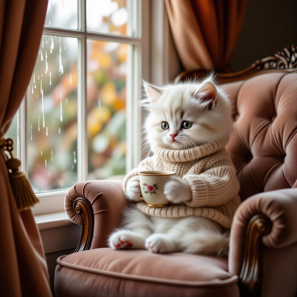 Adorable Chibi Kitten Enjoys Cozy Autumn Rain