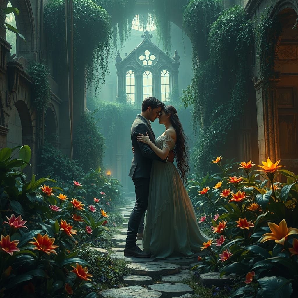 Epic Fantasy Couple Amidst Ancient Ruins in Lush Paradise