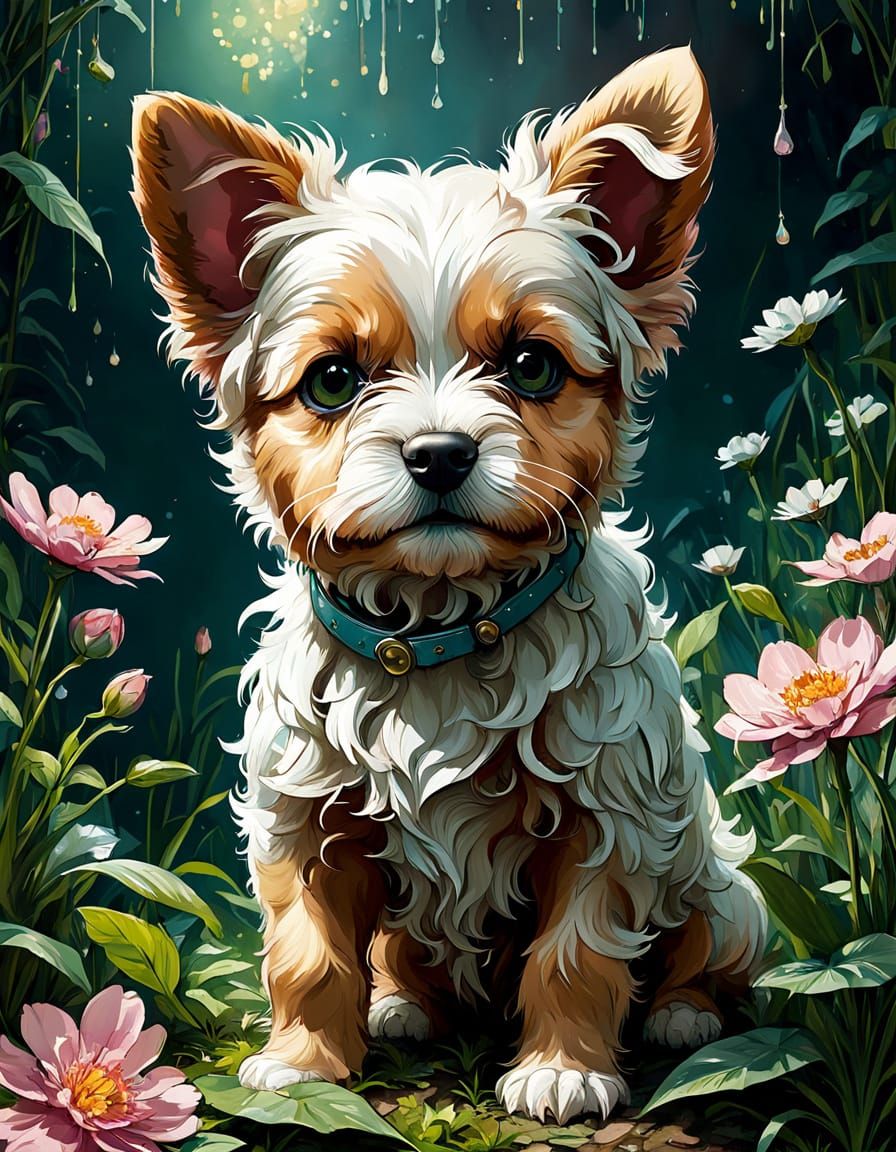 Adorable Terripoo Puppy in Floral Spring, Digital Art