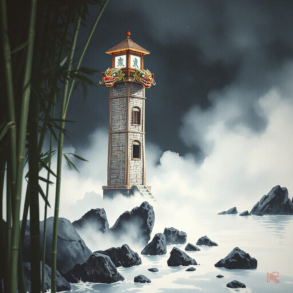 Bamboo Lighthouse Guiding Spirits, Japanese Ink Painting