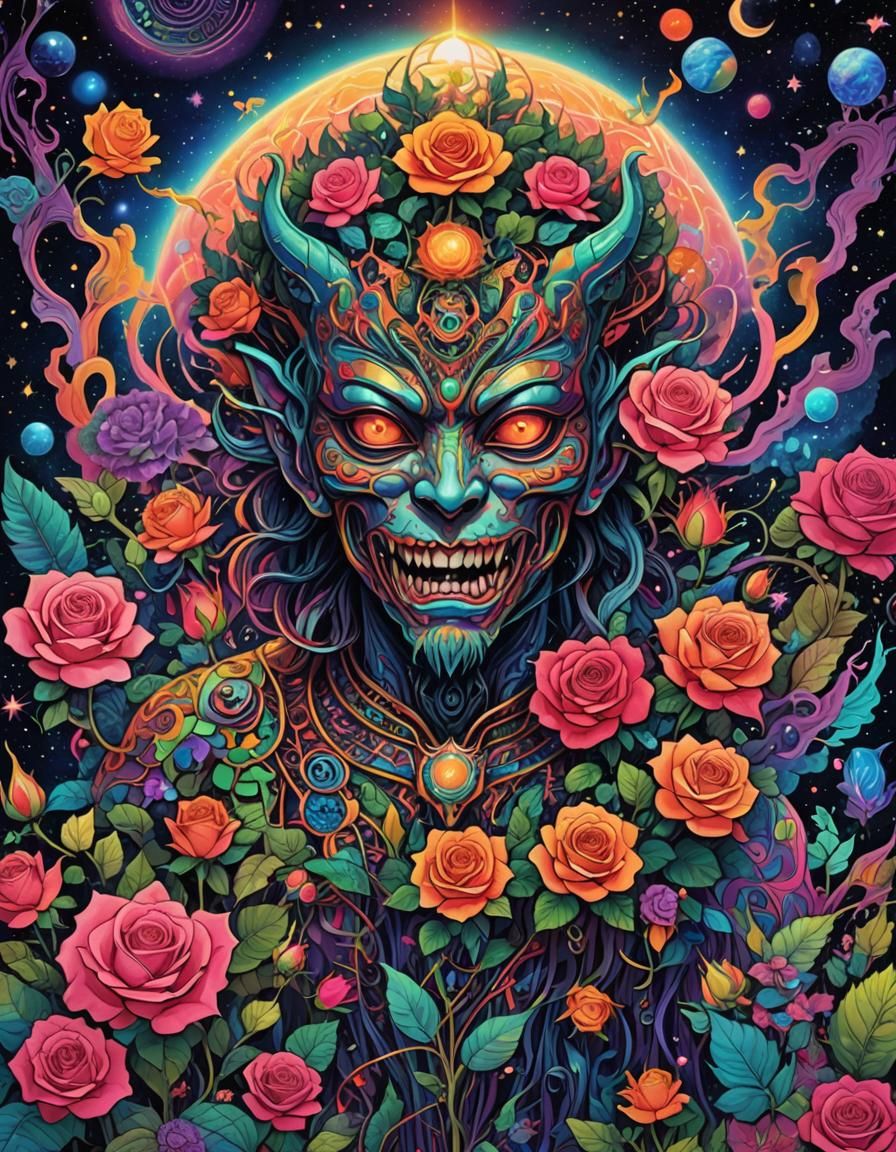 Psychedelic Rose Demon in Cosmic Anime Style