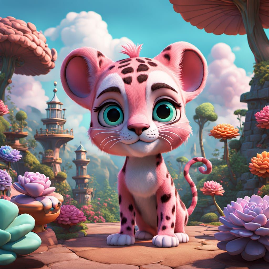 Chibi Pink Panther Cub in Whimsical Cloudscape