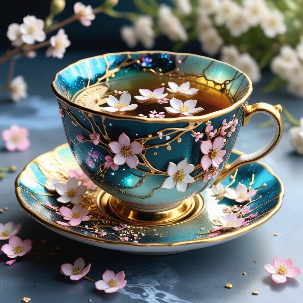 Kintsugi Teacup with Blossoms and Gold Sparks