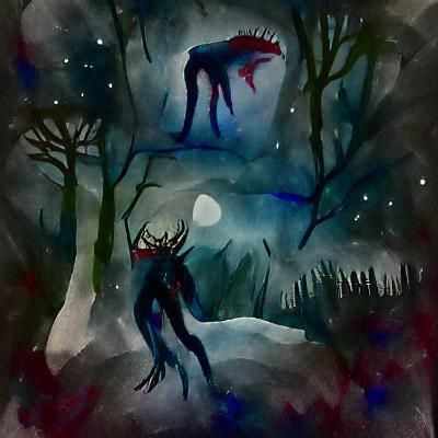 Wendigo in Dark Bloody Forest Under Moonlight