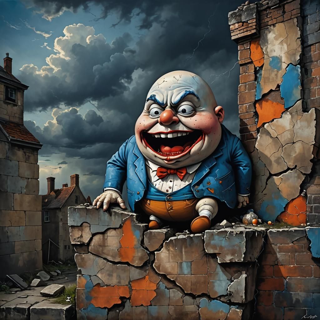 Grotesque Humpty Dumpty on Crumbling Wall in Surreal Style