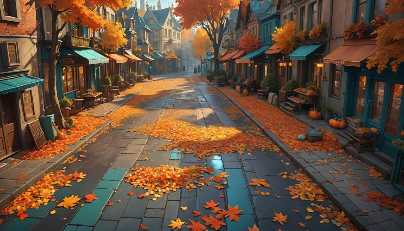 Autumn Town Street in Art Nouveau Style