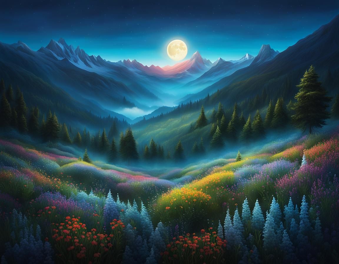 Serene Moonlit Landscape in Dreamlike Surrealism Style