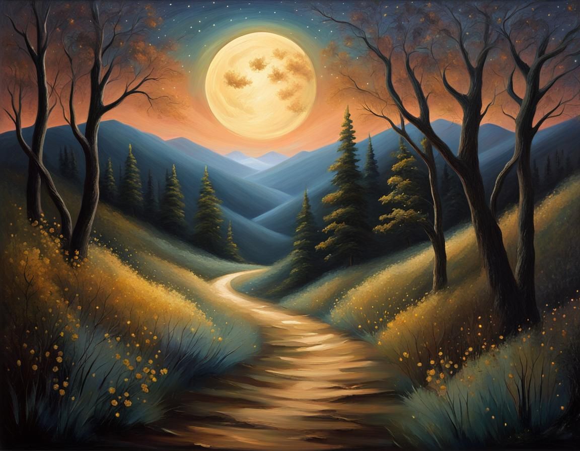 Ethereal Moonlit Landscape in Dreamy Oil Brushstrokes