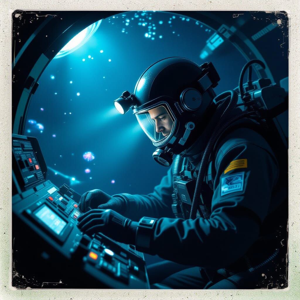 Deep Sea Explorer Calibrating Equipment in Dark Abyss