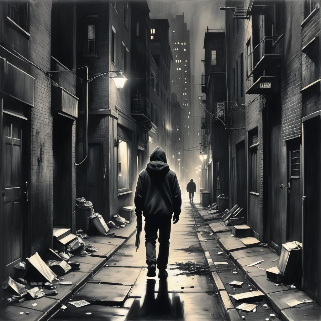 Urban Solitude: Charcoal Drawing of a Figure in Alleyway