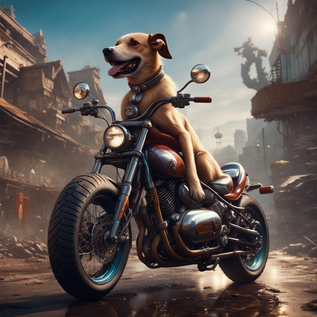 Dog Rides Motorcycle in Vaporwave Style