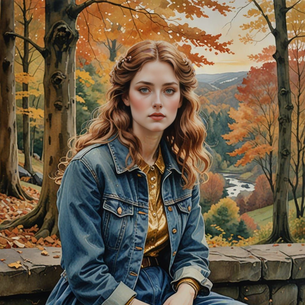 Autumnal Beauty in Fairytale Gown, Watercolor Style