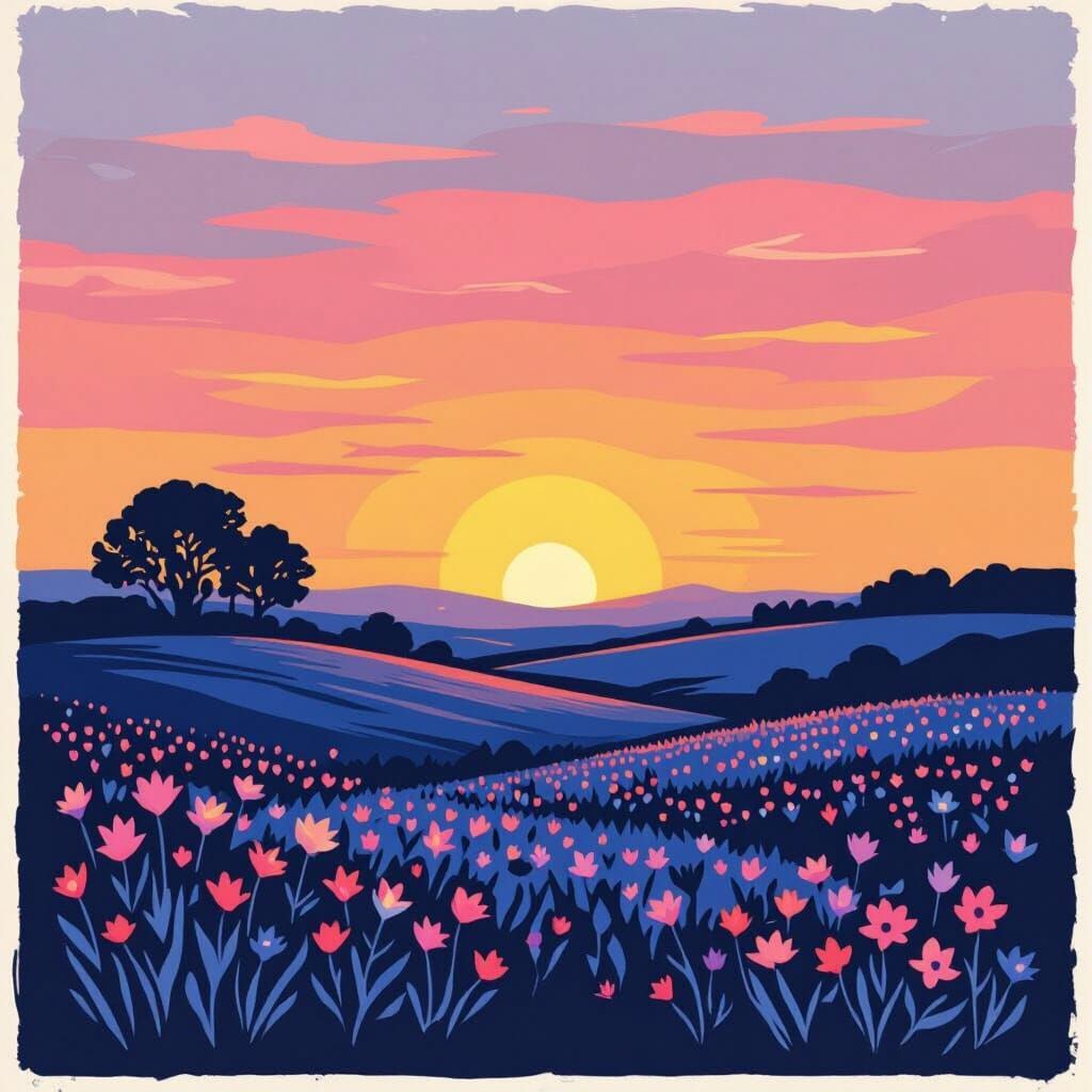 Reduction Linocut Sunset Over Wildflower Fields