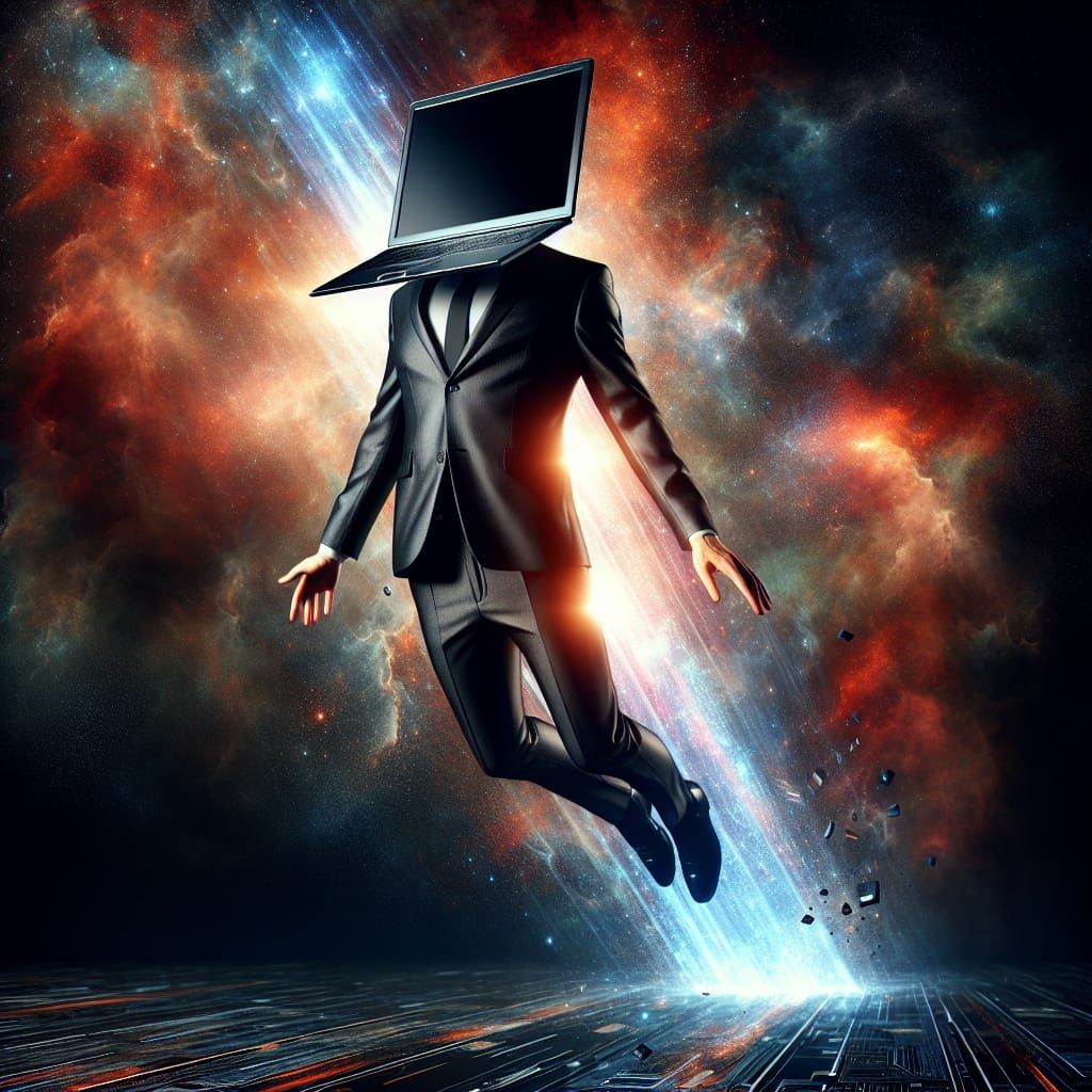 Surreal Figure Levitates in Hyper-Realistic Pose with Laptop...