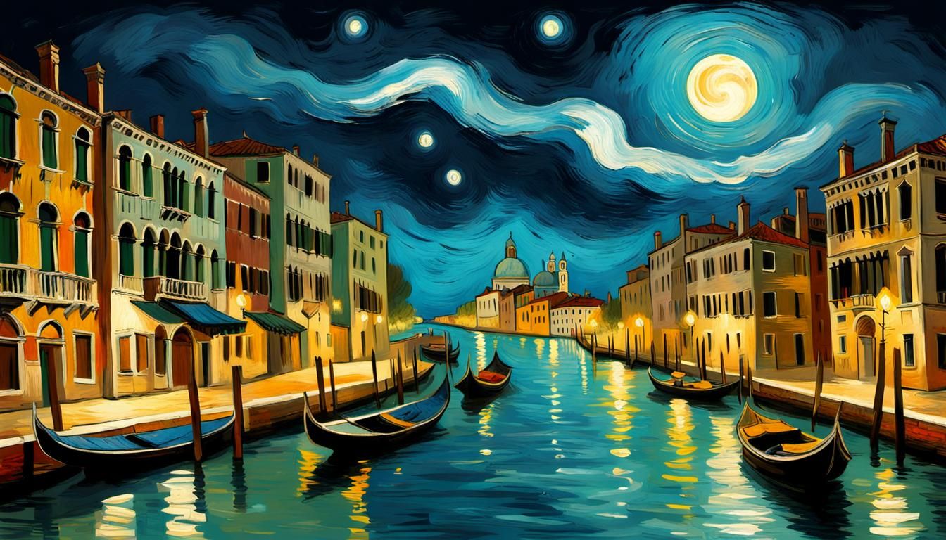 Venice Canals Under Moonlight in Post-Impressionist Style