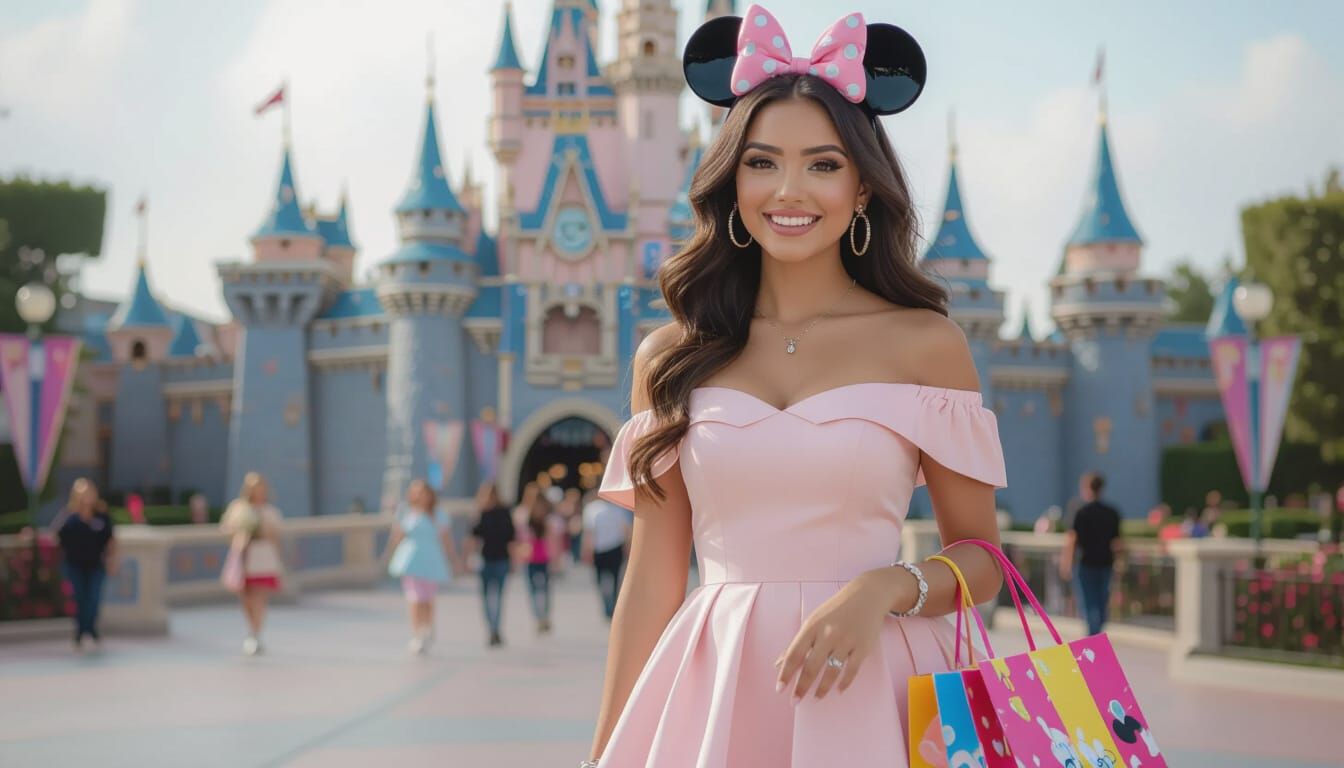 Latina Woman in Disneyland, Whimsical Art Style