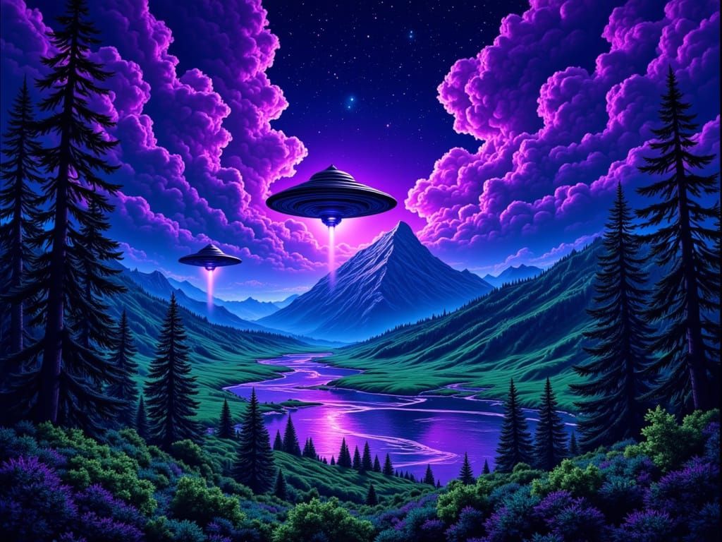 Surreal Night Landscape with UFOs in Psychedelic Style