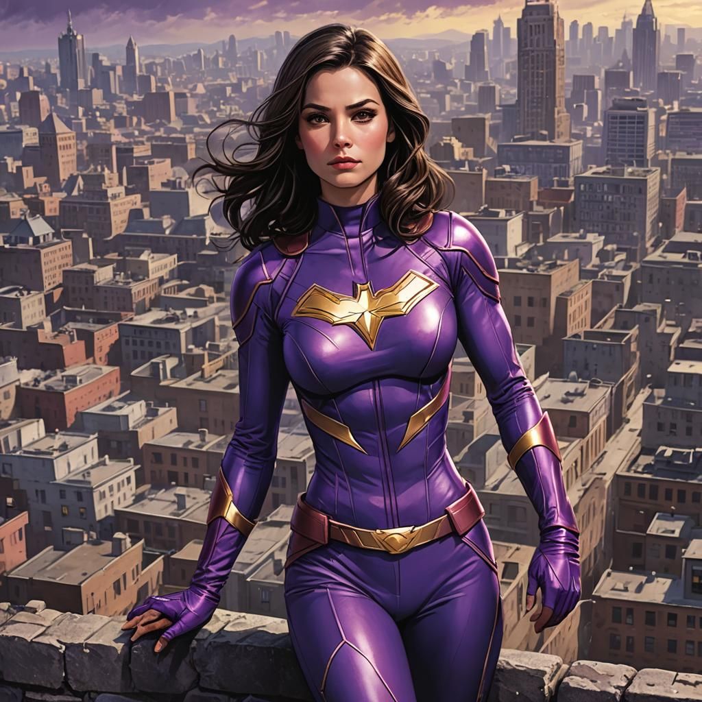 Brunette Superheroine in Purple Suit Over Old City