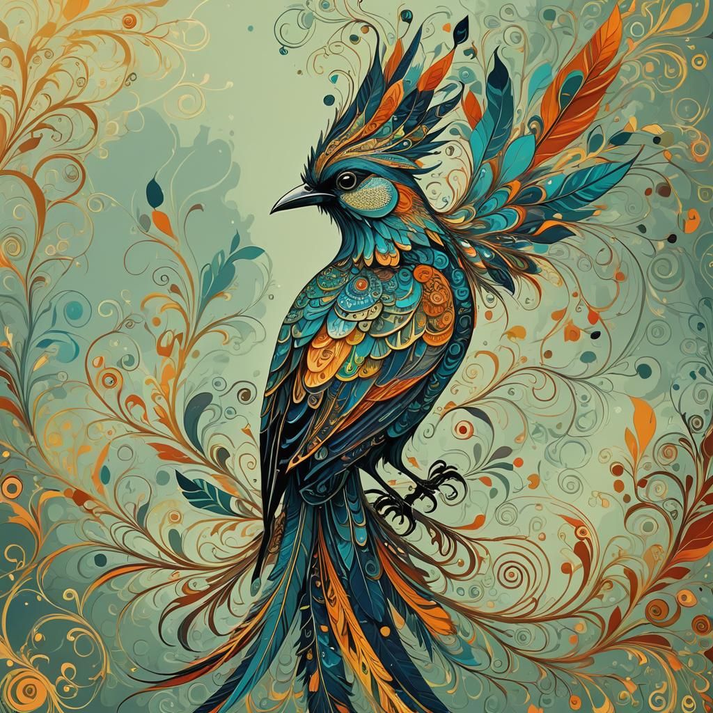 Abstract Imaginary Bird with Long Tail Feathers