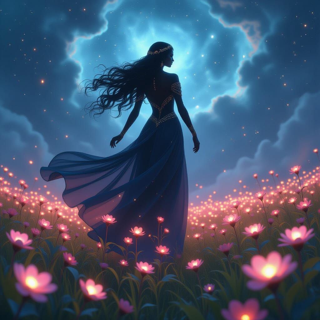 Ethereal Obsidian Goddess in Bioluminescent Field