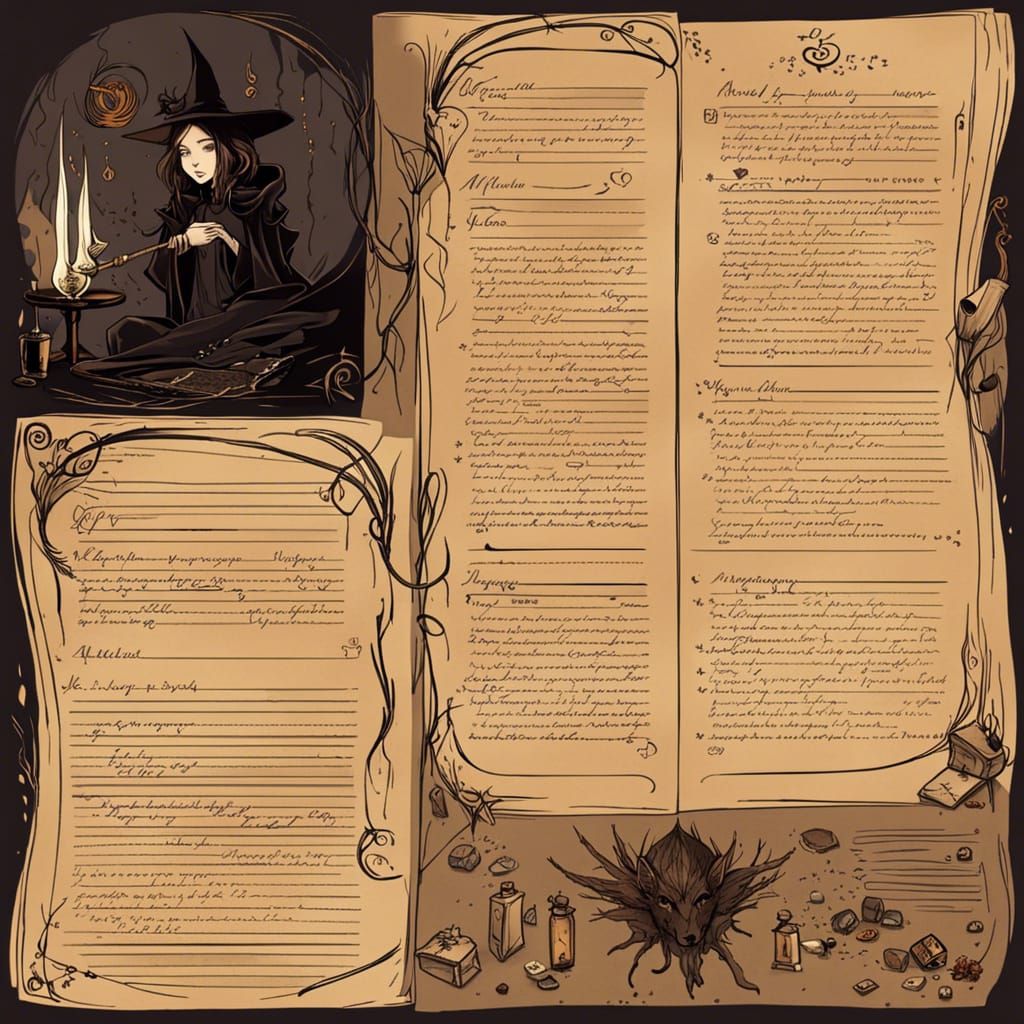 Witch's Notebook Pages with Sketches in Dark Fantasy Art
