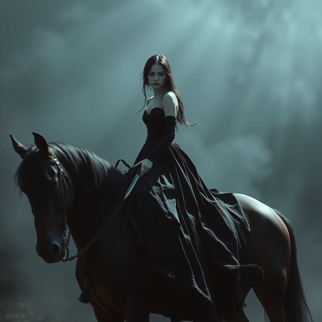 Elegantly Dressed Girl on Horse with Knife
