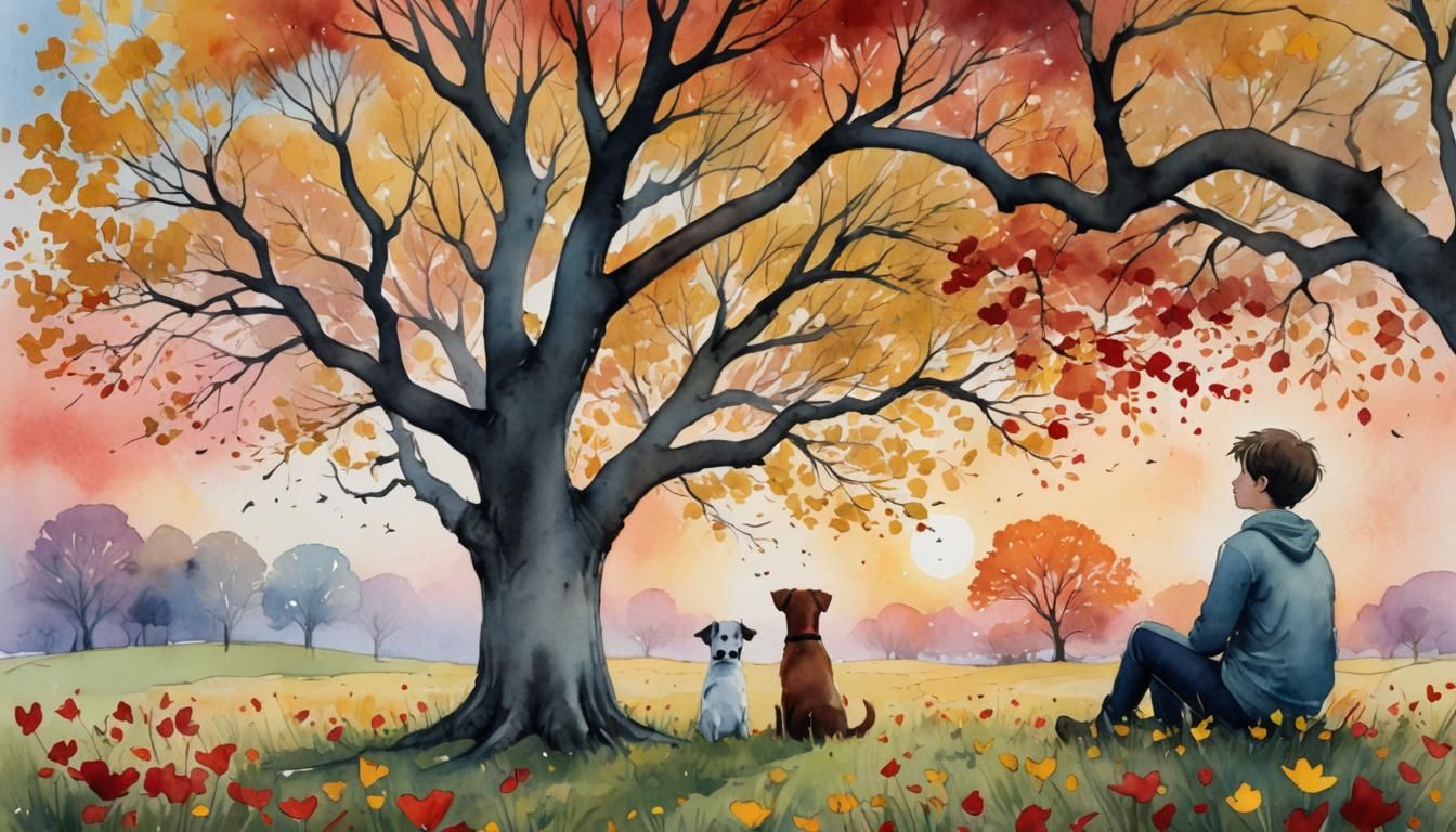 Boy and Dog in Autumn Meadow: Whimsical Watercolour
