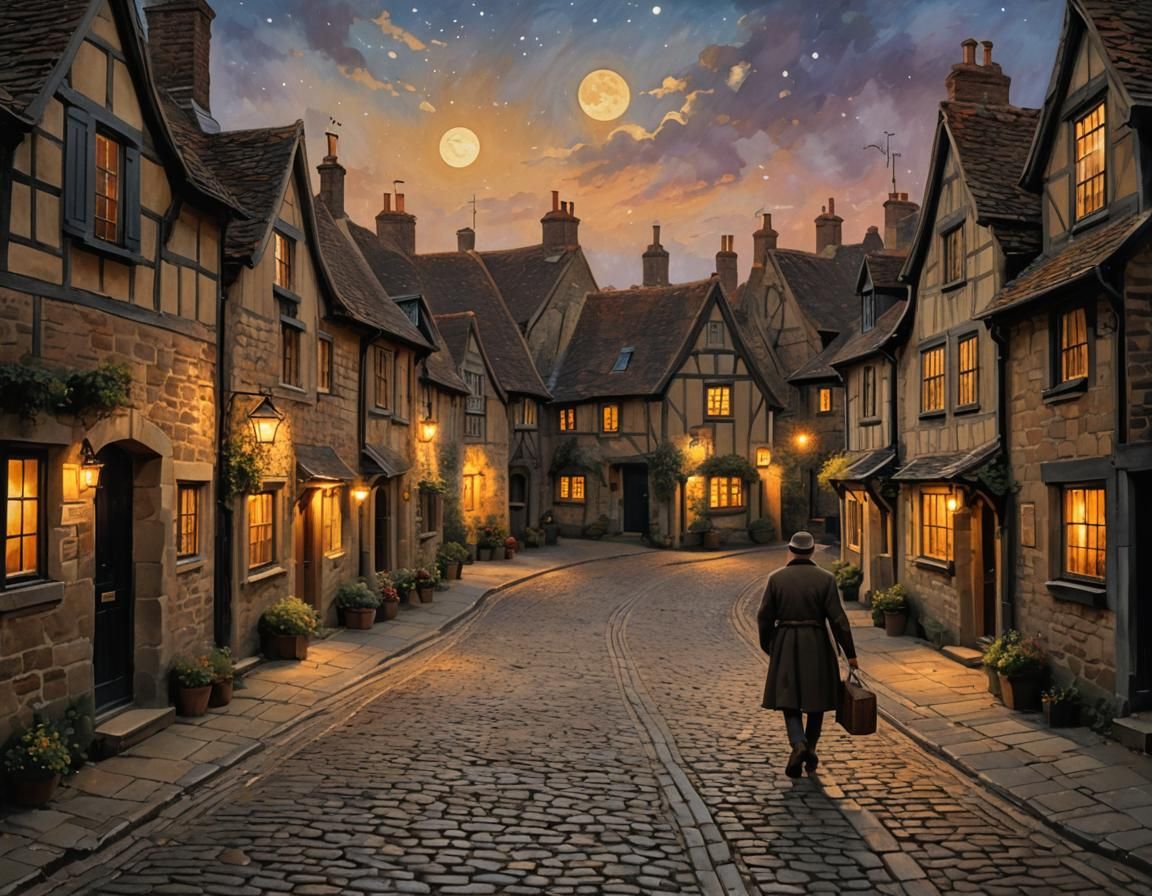 Impressionist Village Scene at Twilight