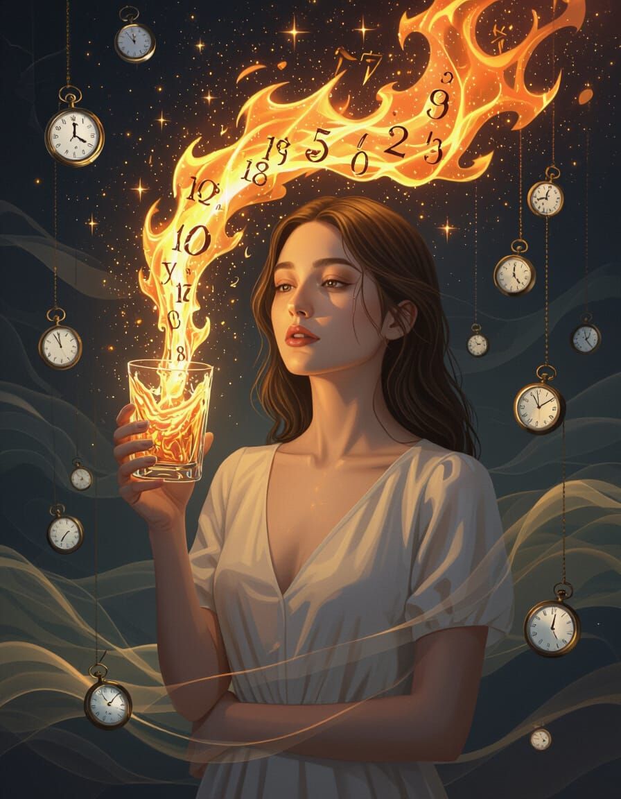 Surreal Portrait of Woman Holding Liquid Time