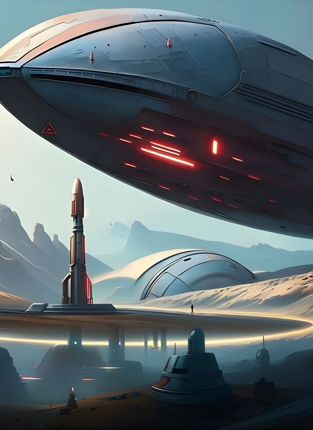 Elaborate Sci-Fi Spaceship Over Beautiful Planet in Hyperrea...