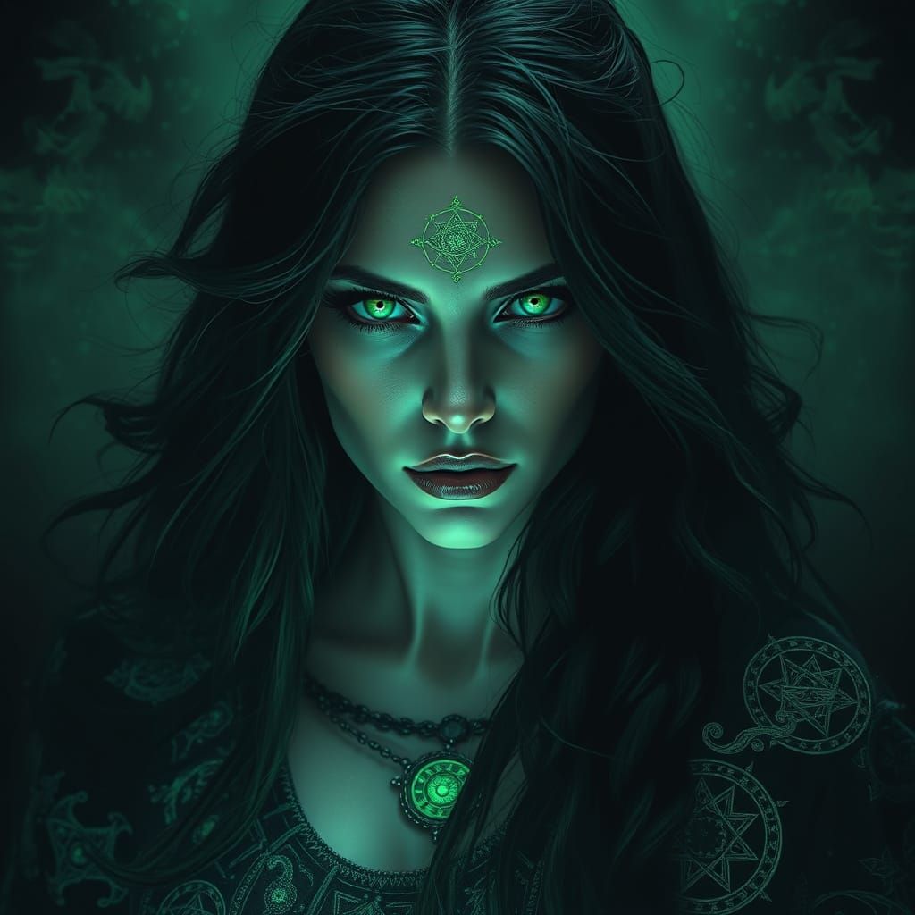 Mystical Raven-Haired Woman in Emerald Spotlight