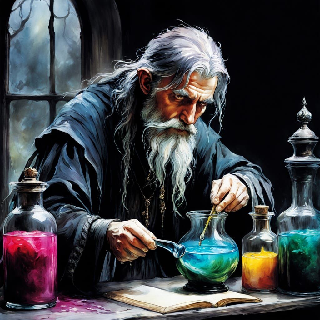 Wizard Brews Colorful Potion in Storybook Style