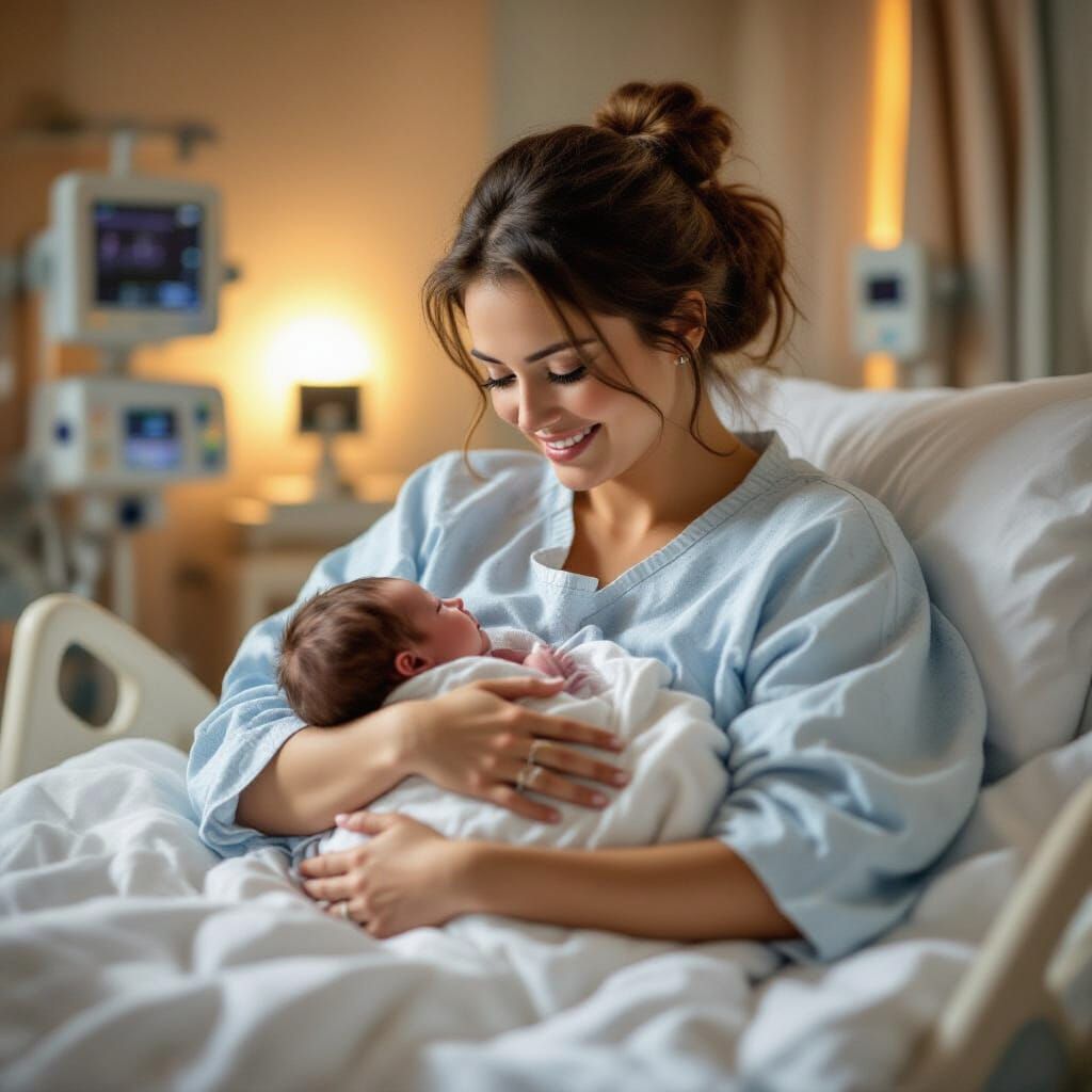 New Mother Holding Newborn in Cozy Delivery Room