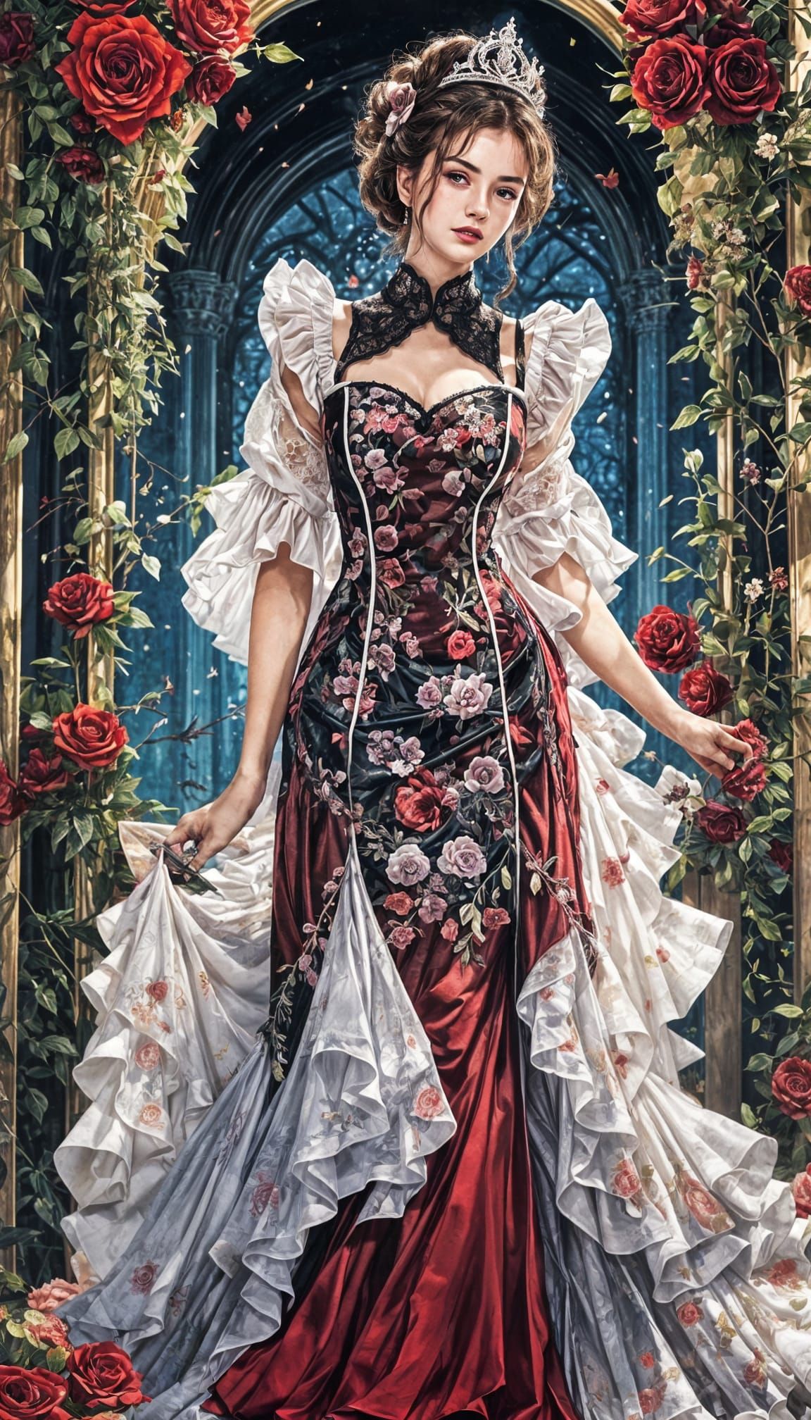 Maximalist Princess Bride in Dark Red Fashion Gown