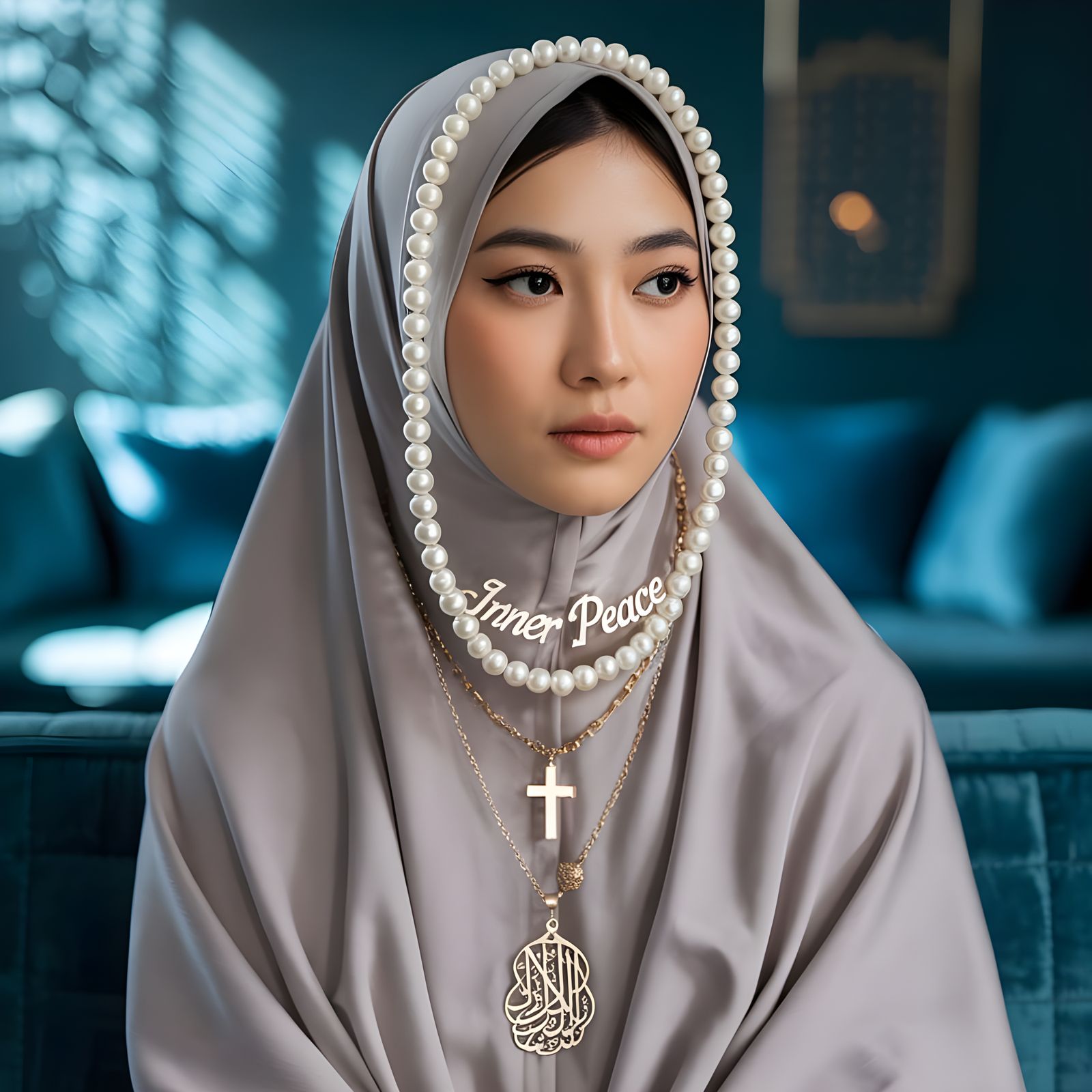 Asian Woman in Hijab with Pearl Collar
