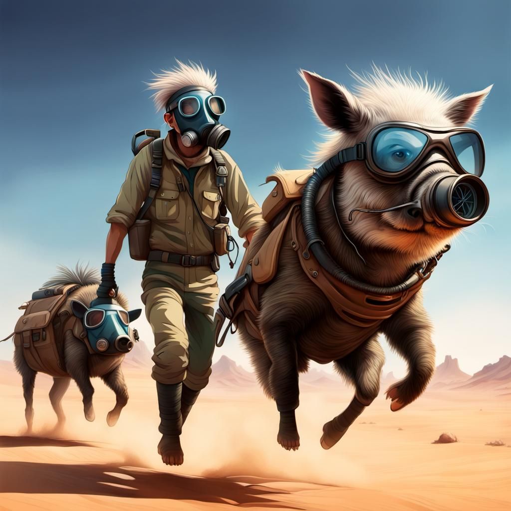 Futuristic Desert Nomad Riding a Peccary